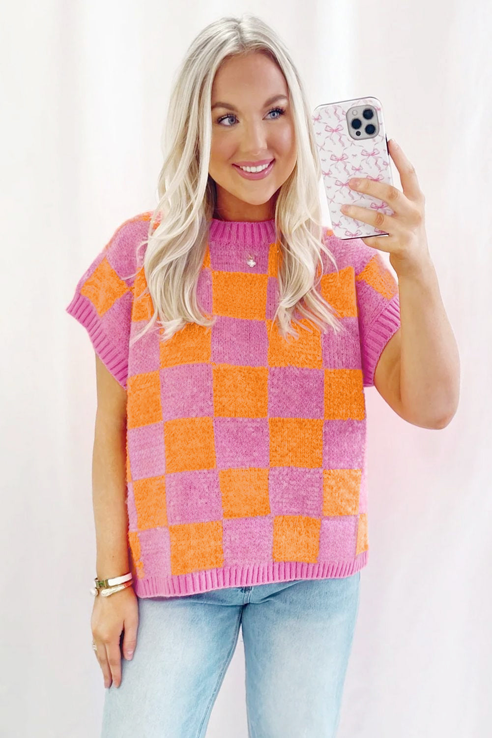 Sachet Pink Colorblock Checkered Knit Dolman Tee