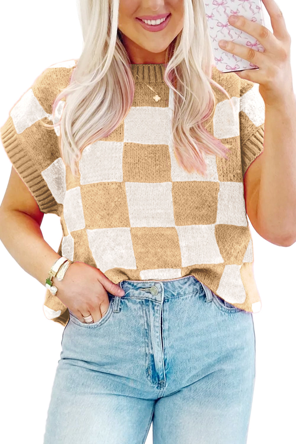 Sachet Pink Colorblock Checkered Knit Dolman Tee