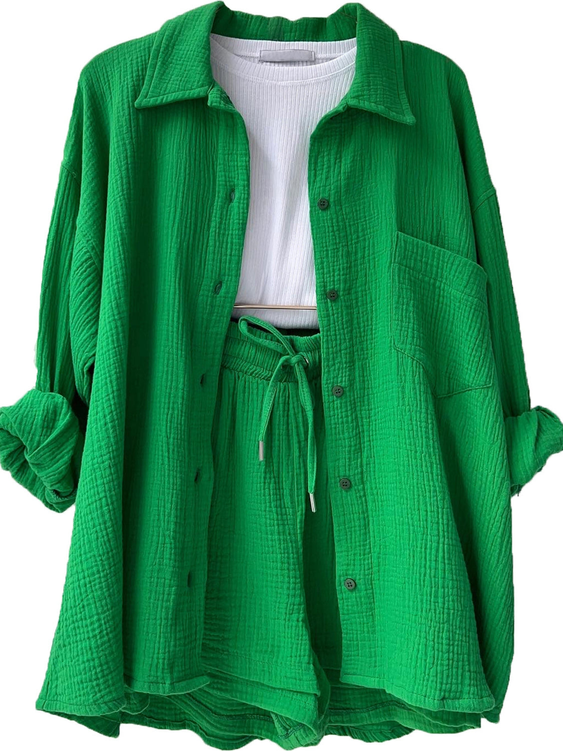 Texture Button Up Shirt and Drawstring Shorts Set - Kristi Pierce Designs