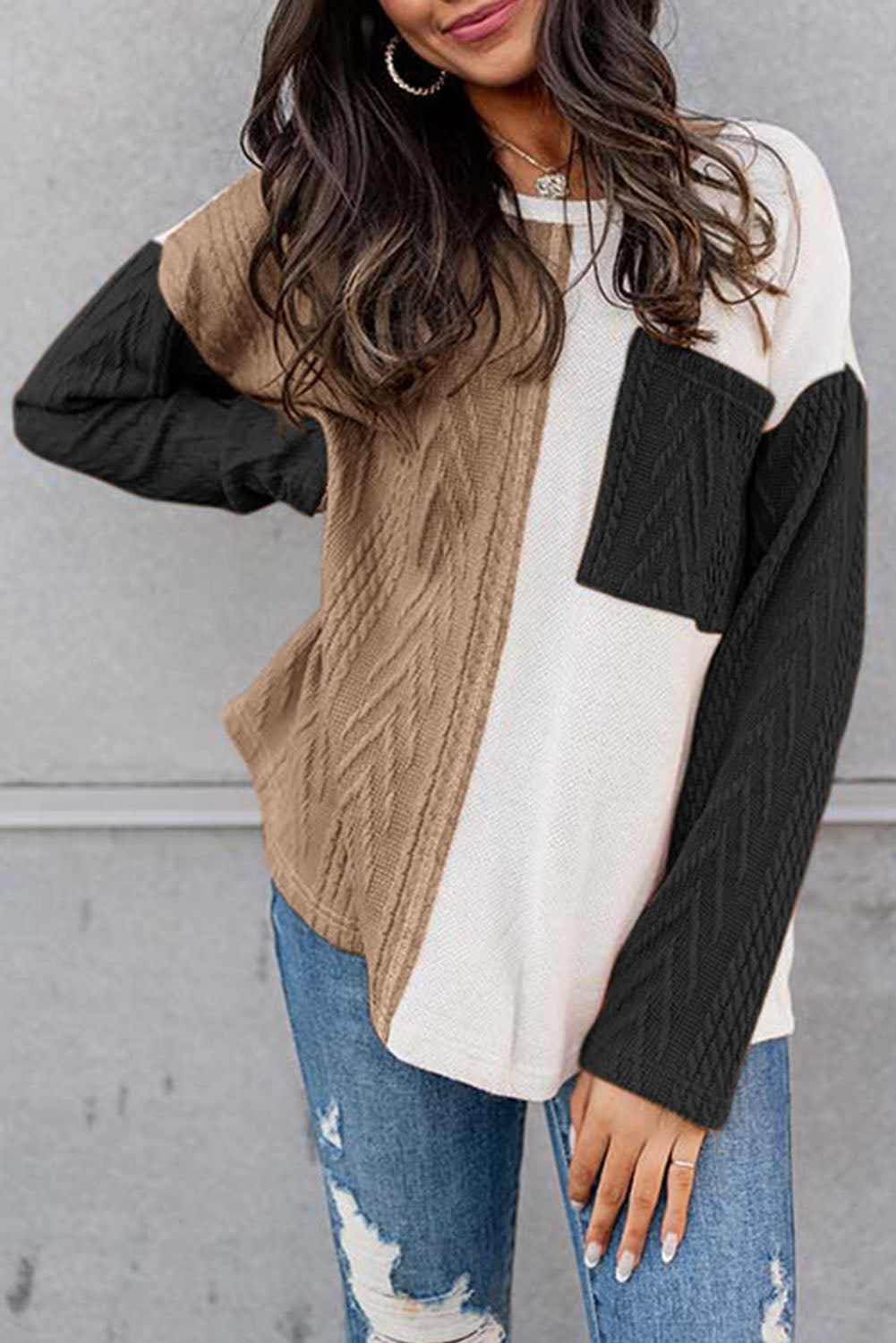 Full Size Color Block Cable-Knit Sweater - Kristi Pierce Designs