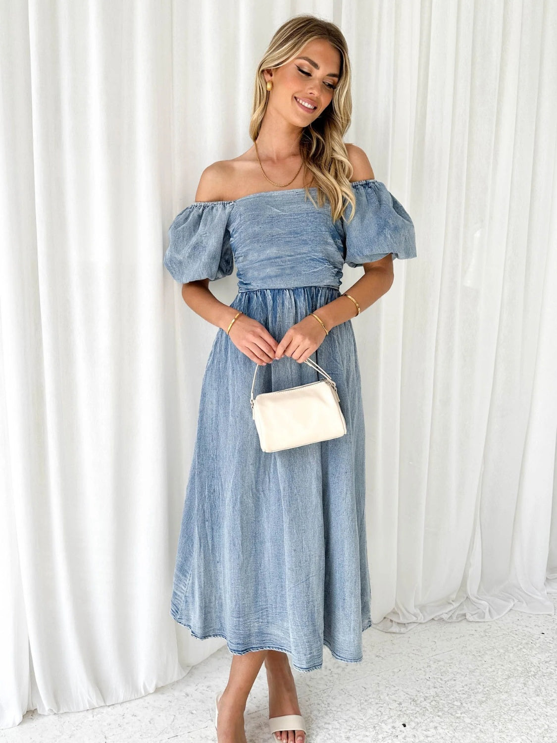 Off-Shoulder Balloon Sleeve Denim Dress - Kristi Pierce Designs