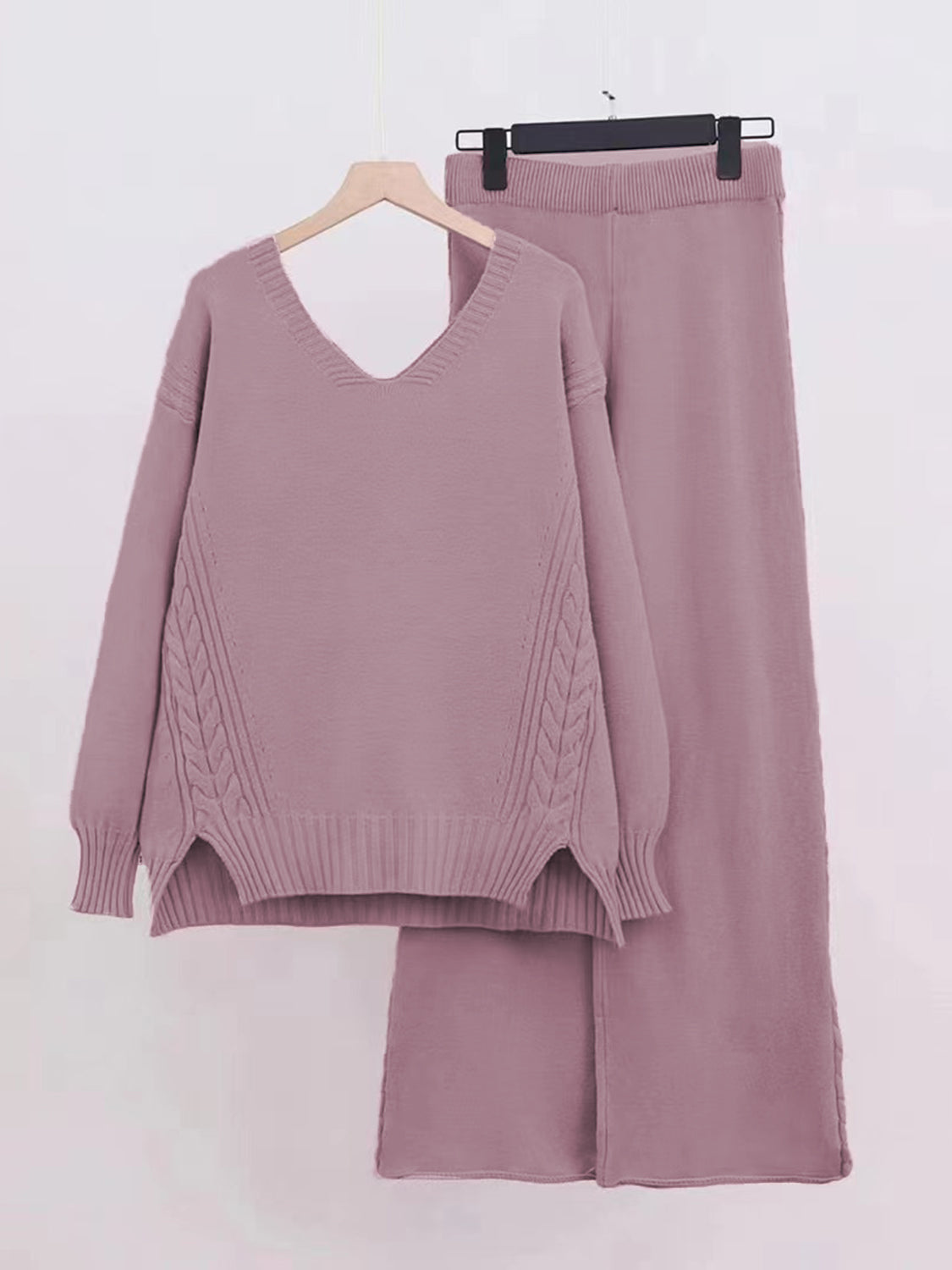 Slit V-Neck Long Sleeve Top and Pants Sweater Set - Kristi Pierce Designs