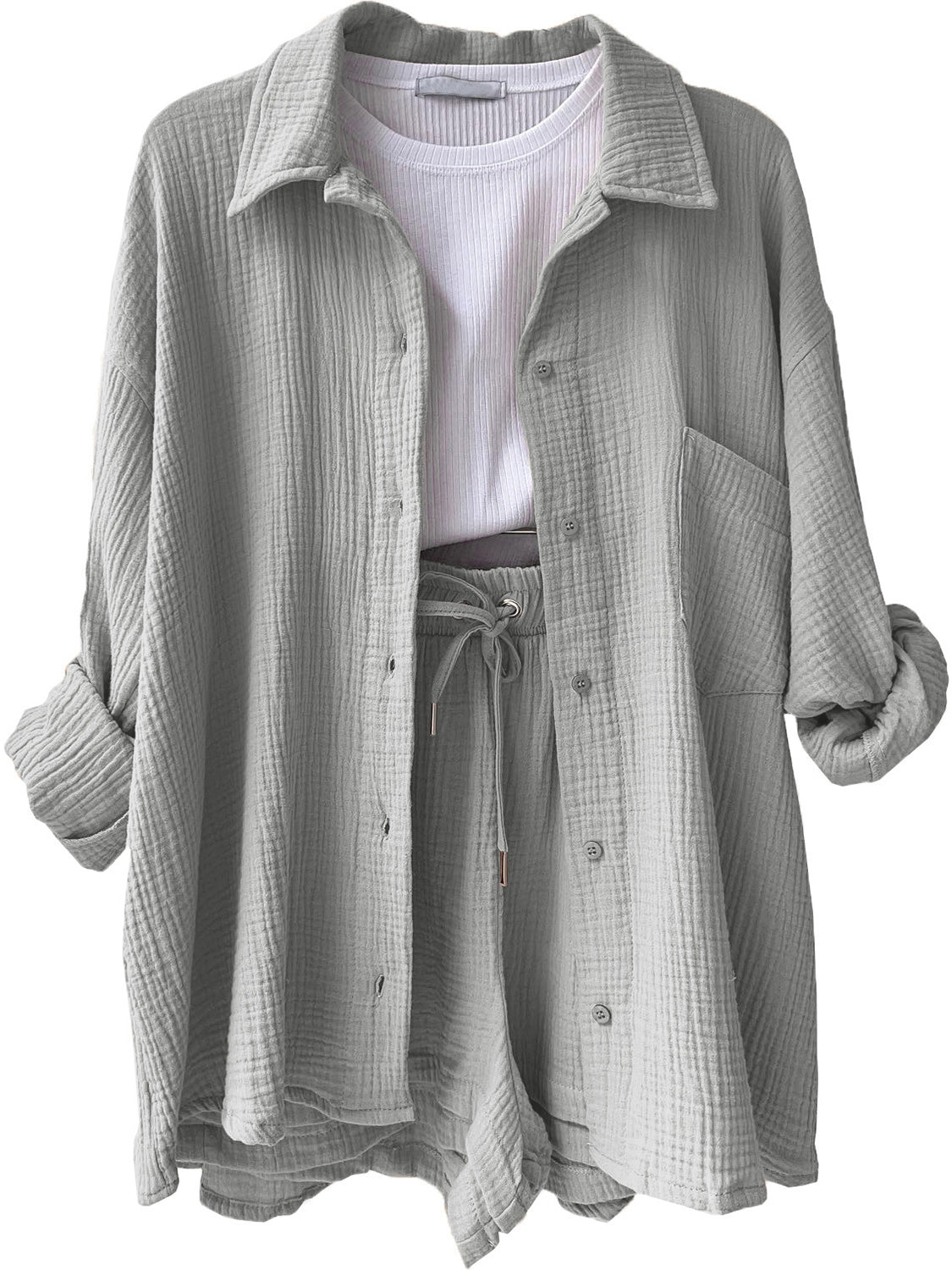 Texture Button Up Shirt and Drawstring Shorts Set - Kristi Pierce Designs