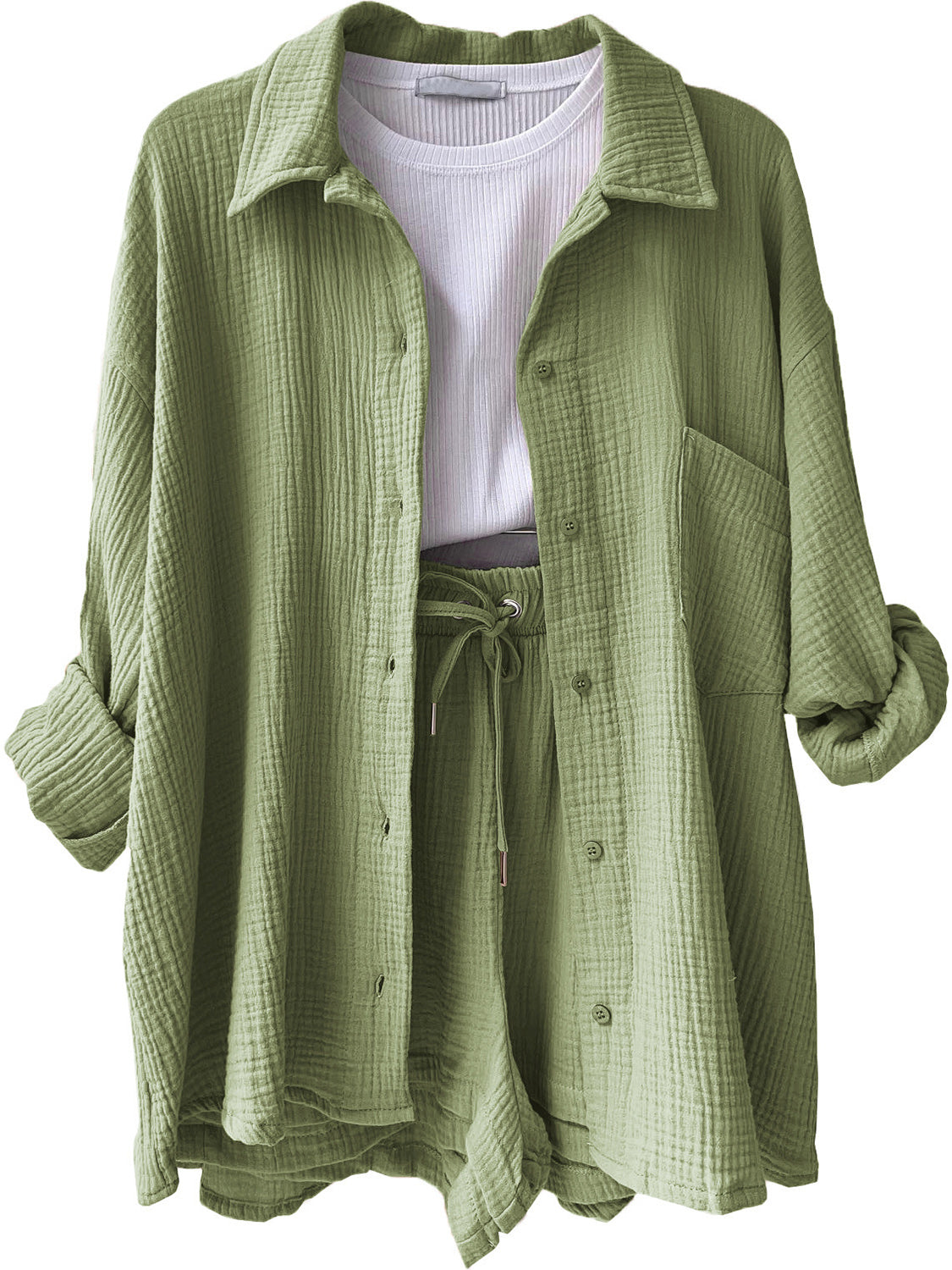 Texture Button Up Shirt and Drawstring Shorts Set - Kristi Pierce Designs
