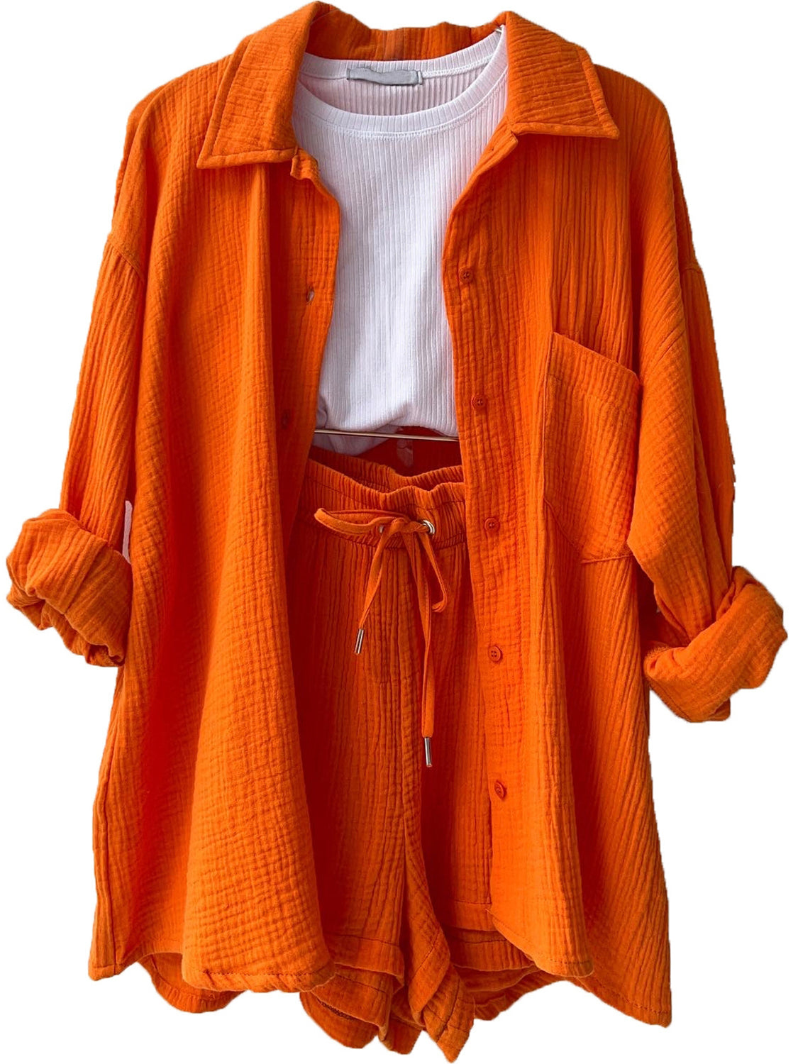 Texture Button Up Shirt and Drawstring Shorts Set - Kristi Pierce Designs