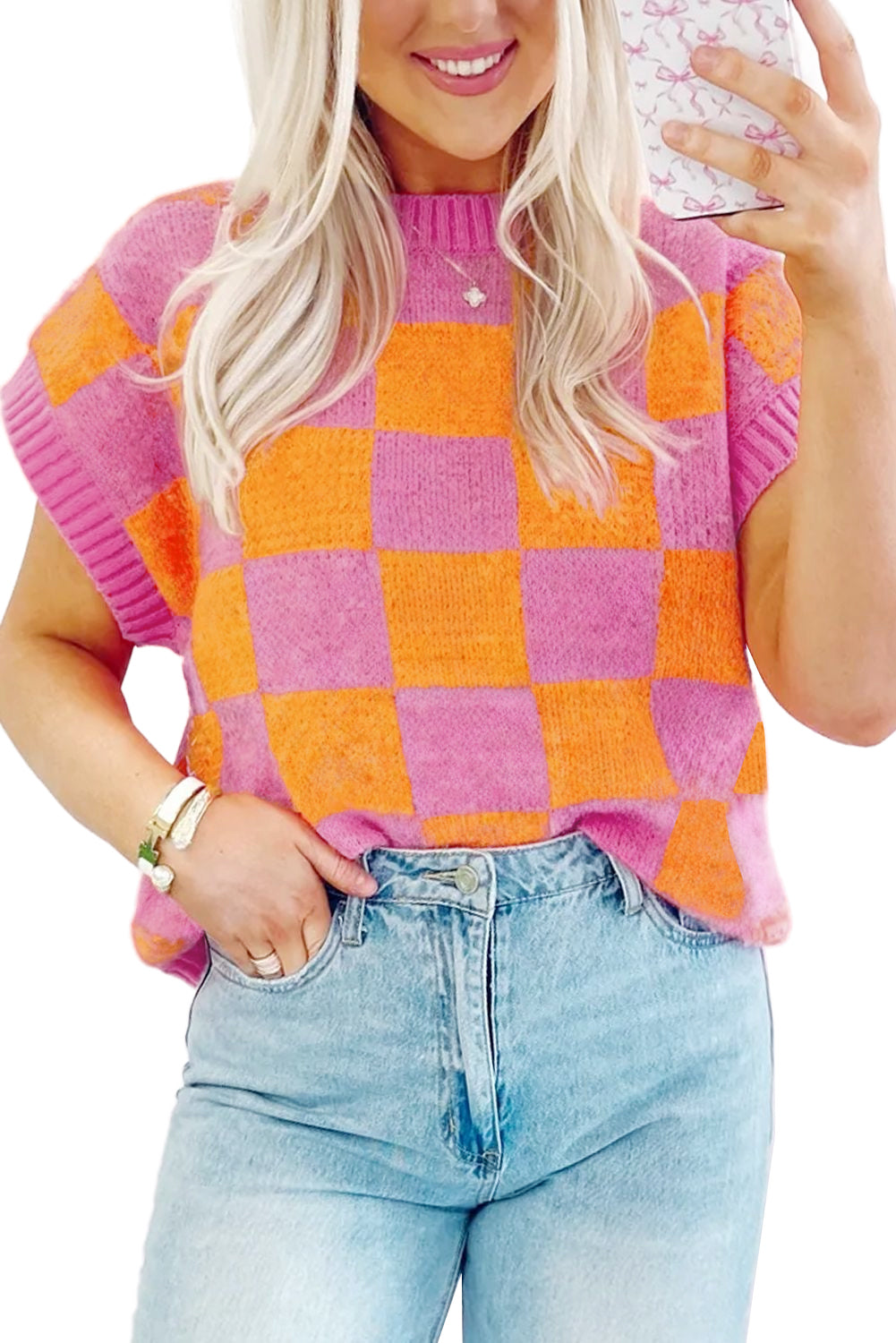 Sachet Pink Colorblock Checkered Knit Dolman Tee