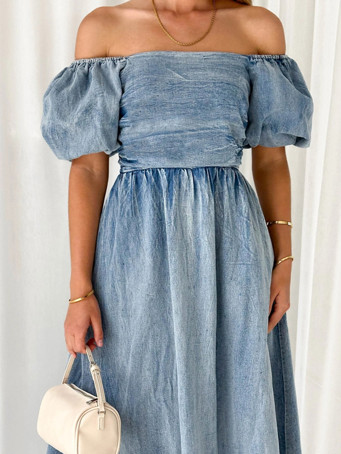 Off-Shoulder Balloon Sleeve Denim Dress - Kristi Pierce Designs