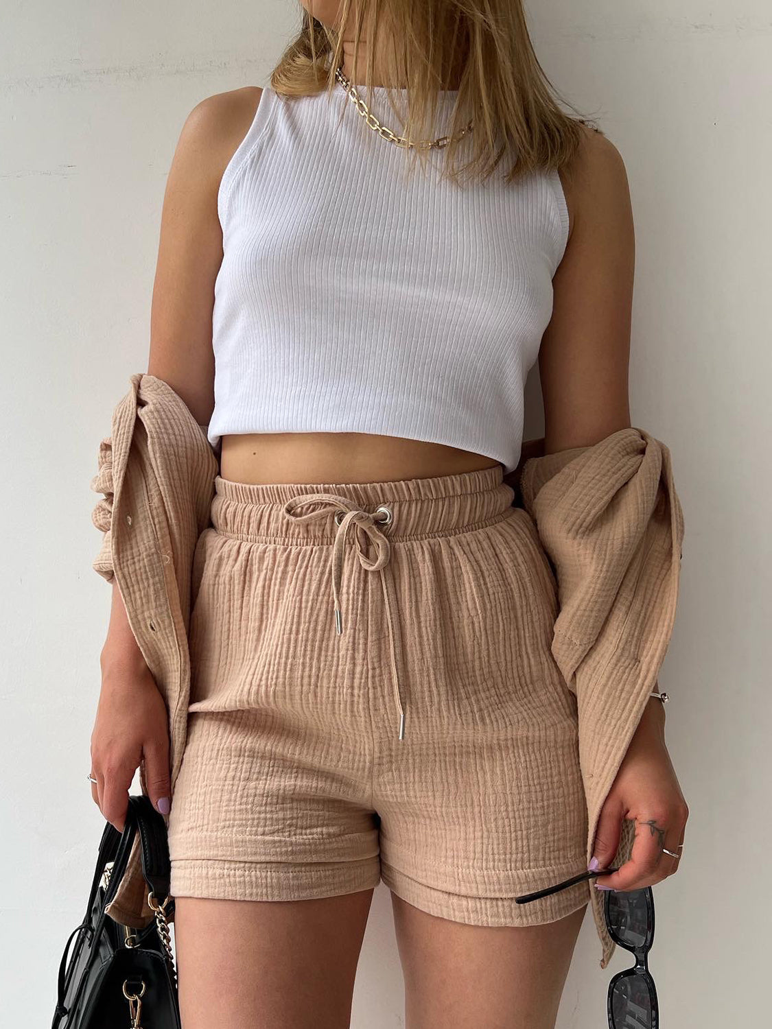 Texture Button Up Shirt and Drawstring Shorts Set - Kristi Pierce Designs