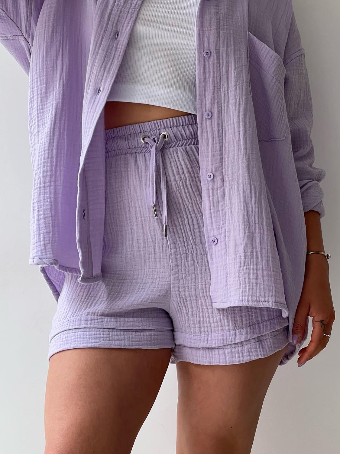 Texture Button Up Shirt and Drawstring Shorts Set - Kristi Pierce Designs