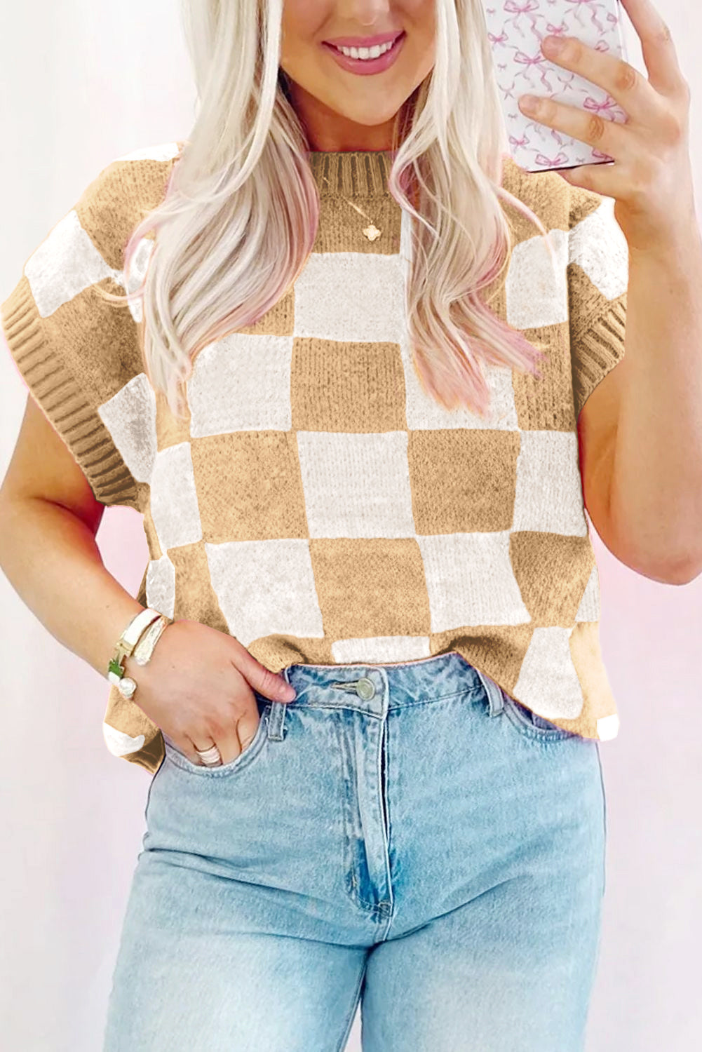Sachet Pink Colorblock Checkered Knit Dolman Tee