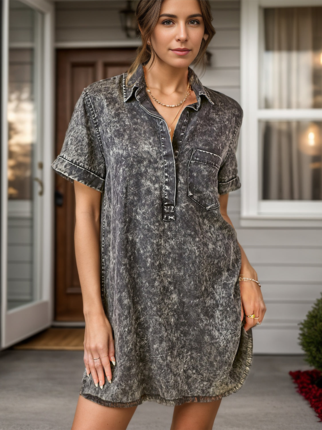 Pocketed Collared Neck Short Sleeve Denim Dress - Kristi Pierce Designs
