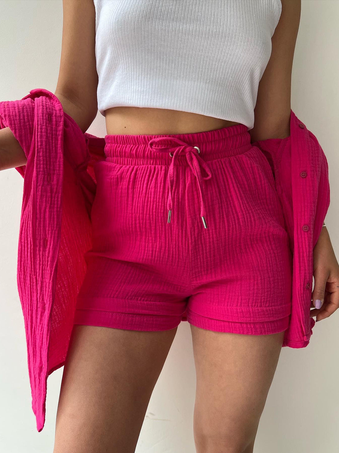 Texture Button Up Shirt and Drawstring Shorts Set - Kristi Pierce Designs