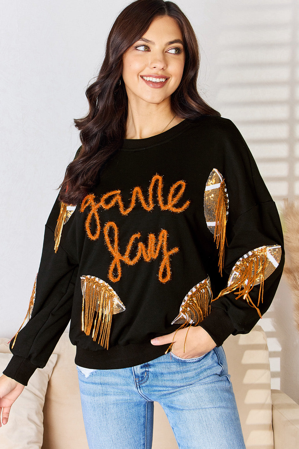 Football Sequin Round Neck Sweatshirt - Kristi Pierce Designs