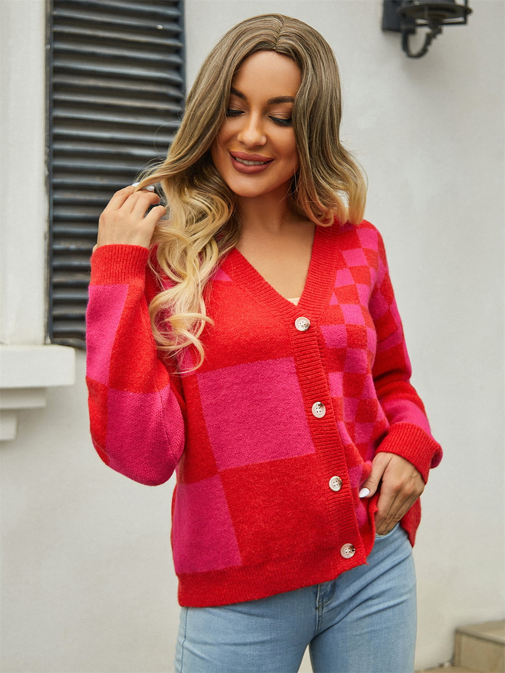 Plaid V-Neck Dropped Shoulder Cardigan - Kristi Pierce Designs