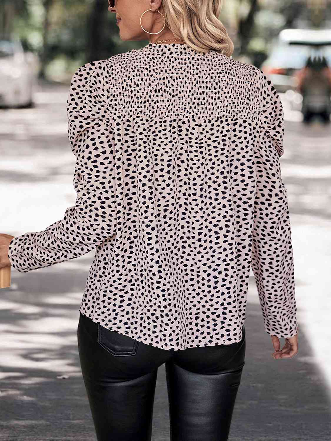 Printed Round Neck Puff Sleeve Blouse - Kristi Pierce Designs
