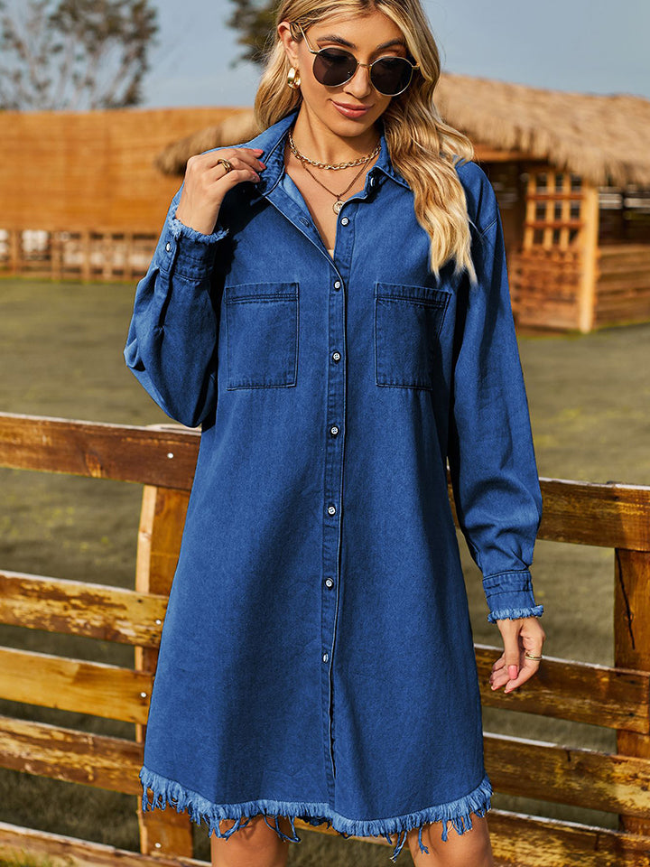 Raw Hem Collared Denim Dress - Kristi Pierce Designs