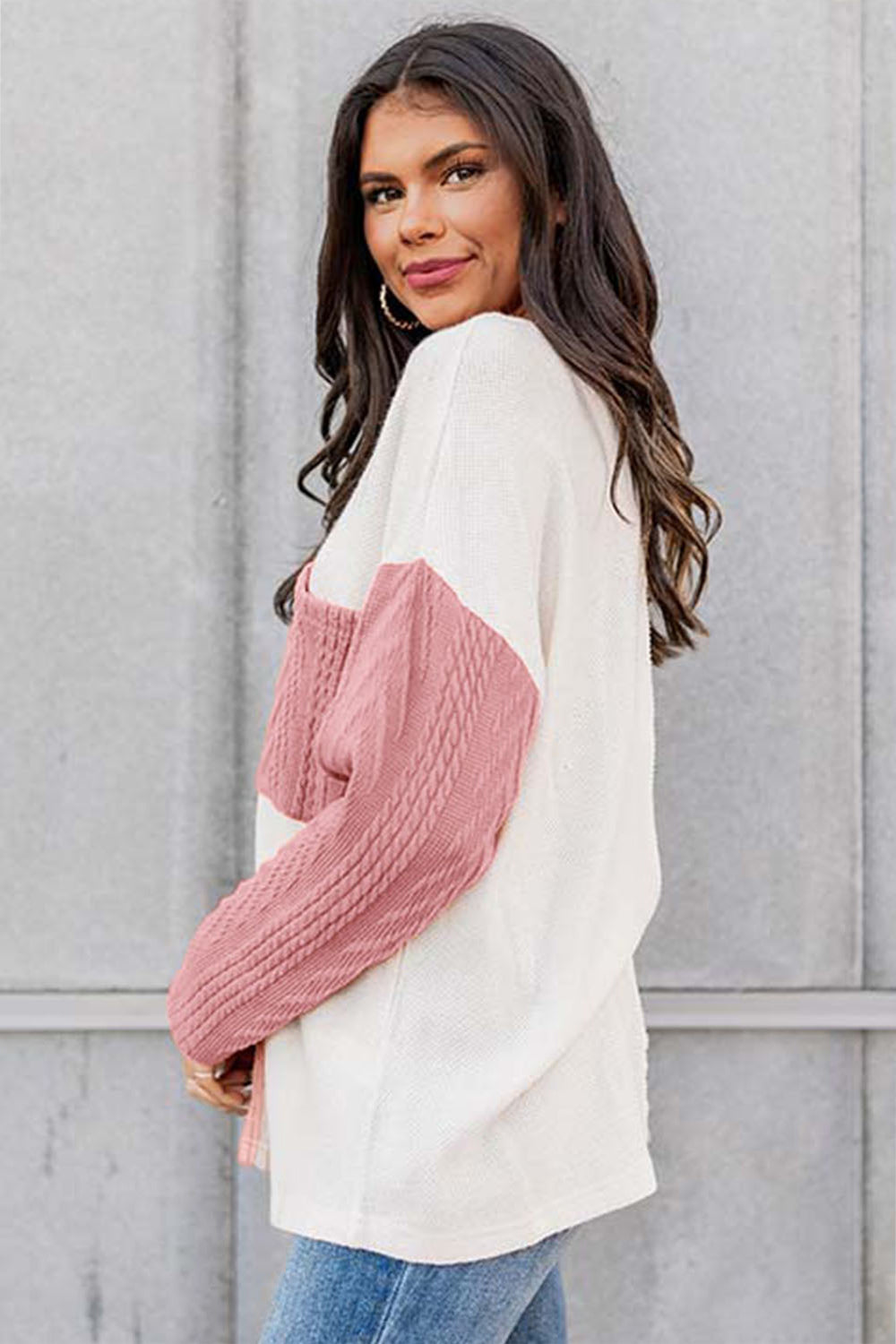 Full Size Color Block Cable-Knit Sweater - Kristi Pierce Designs