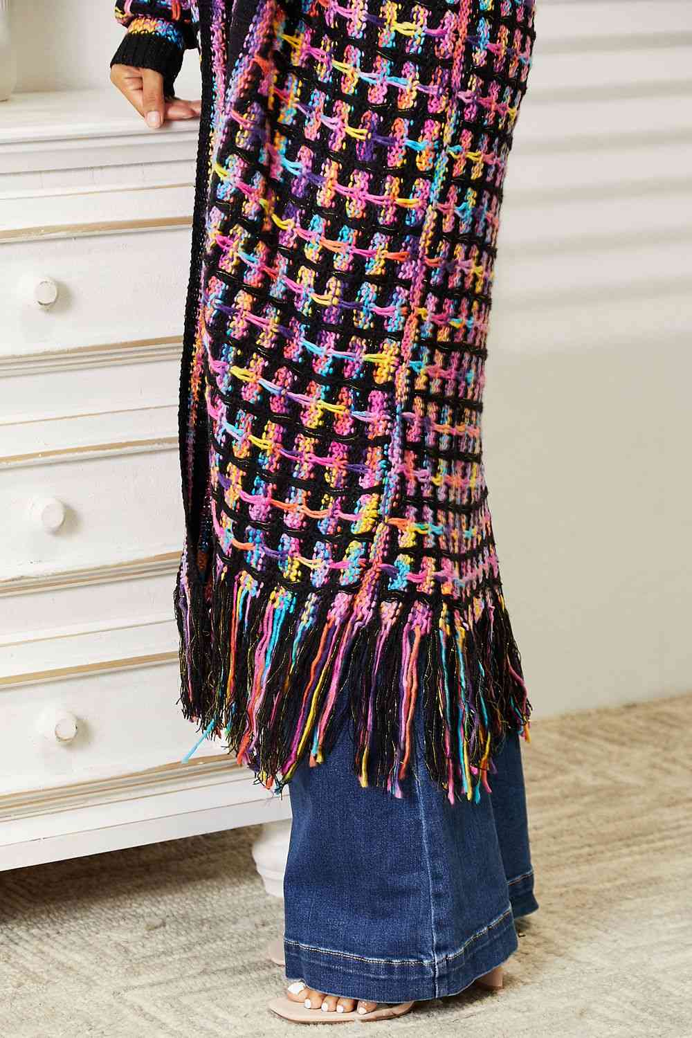 Double Take Full Size Multicolored Open Front Fringe Hem Cardigan - Kristi Pierce Designs