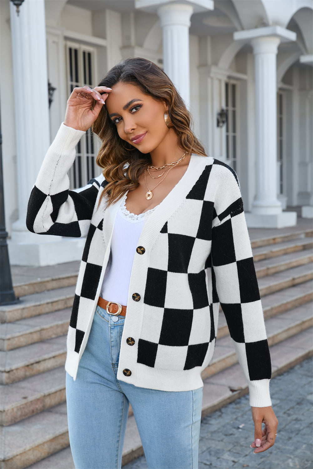 Button-Up V-Neck Dropped Shoulder Cardigan - Kristi Pierce Designs