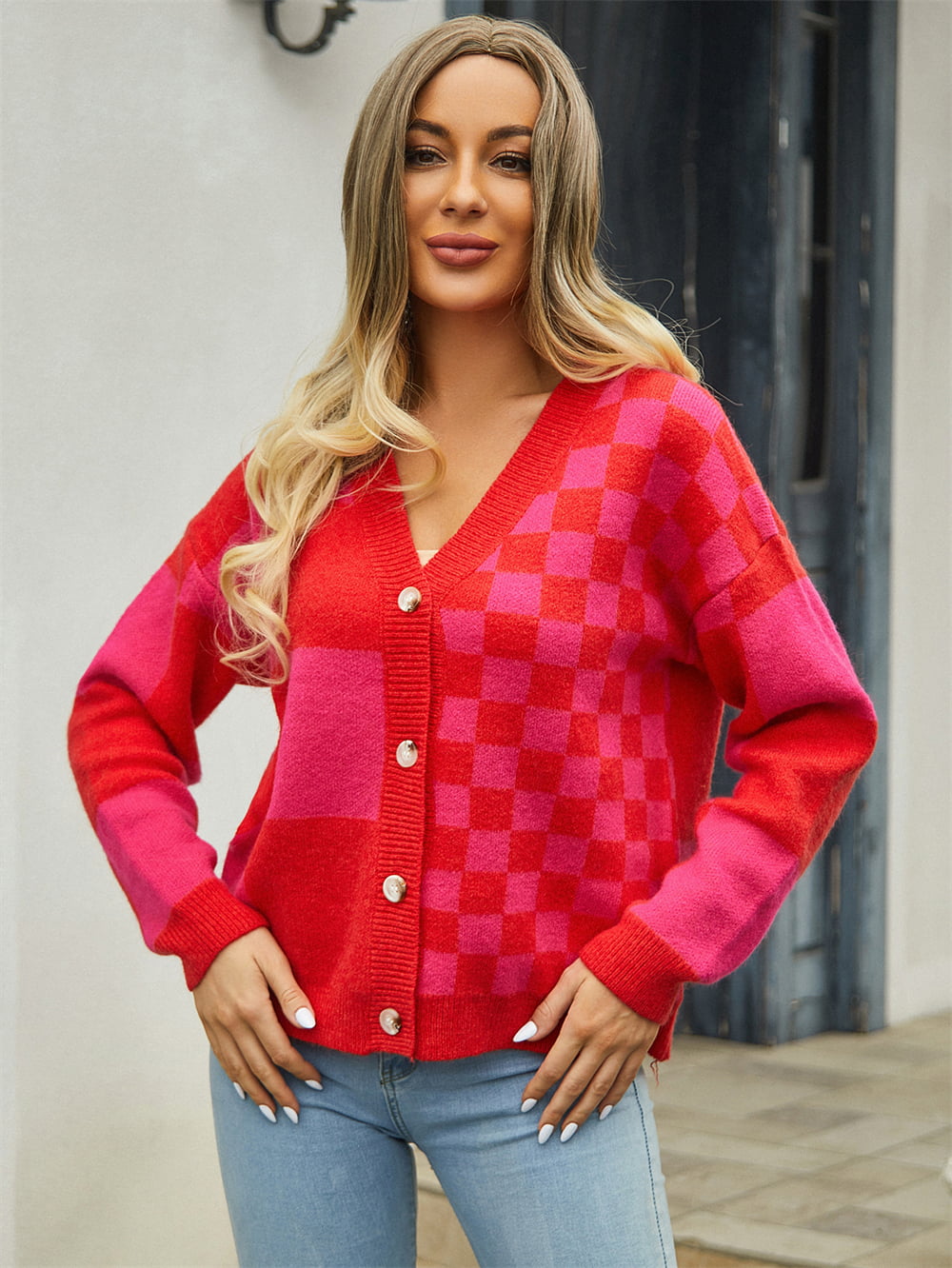 Plaid V-Neck Dropped Shoulder Cardigan - Kristi Pierce Designs