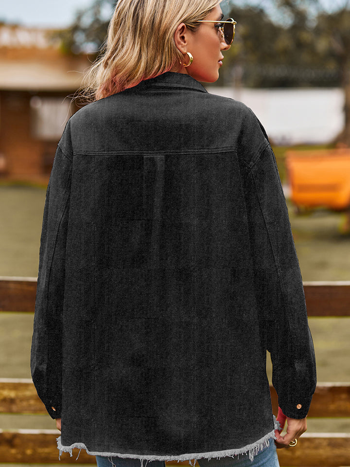 Raw Hem Denim Jacket with Pockets - Kristi Pierce Designs