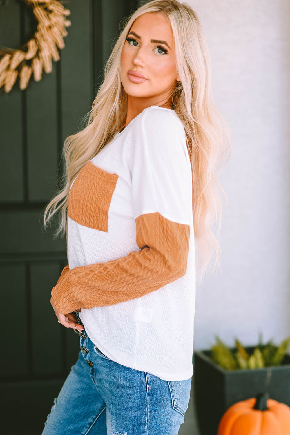 Full Size Color Block Cable-Knit Sweater - Kristi Pierce Designs