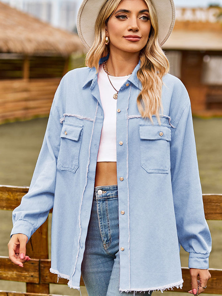 Raw Hem Denim Jacket with Pockets - Kristi Pierce Designs