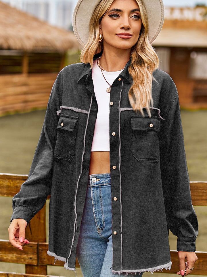 Raw Hem Denim Jacket with Pockets - Kristi Pierce Designs