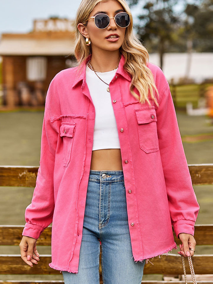 Raw Hem Denim Jacket with Pockets - Kristi Pierce Designs