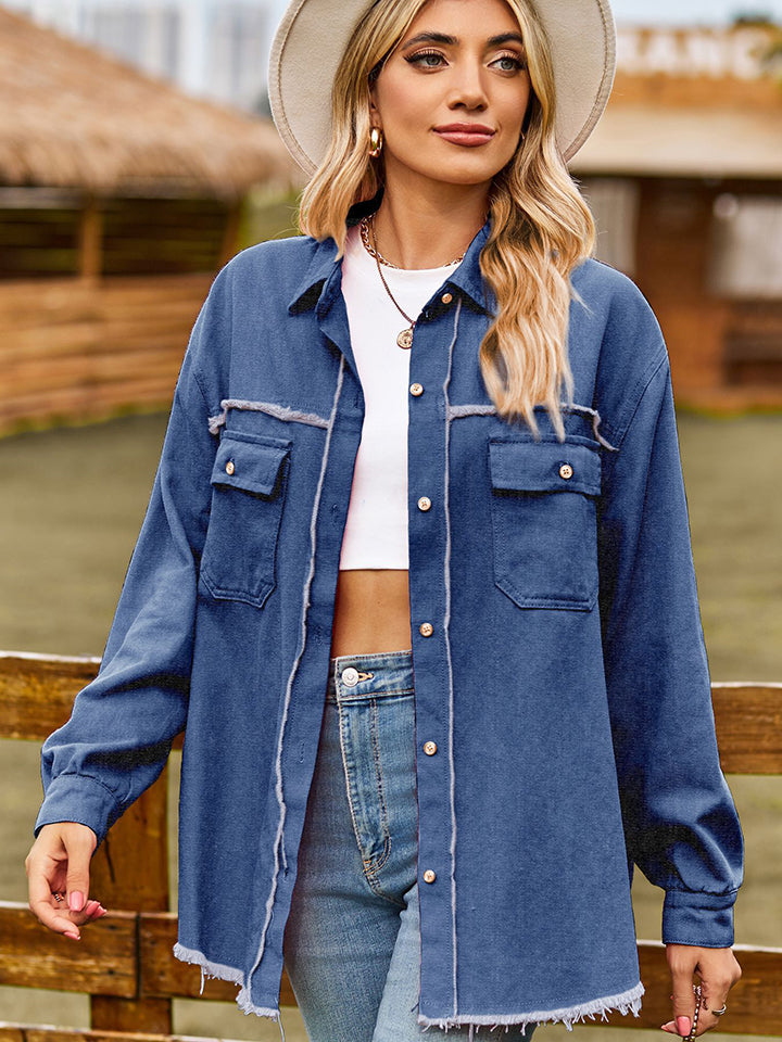 Raw Hem Denim Jacket with Pockets - Kristi Pierce Designs