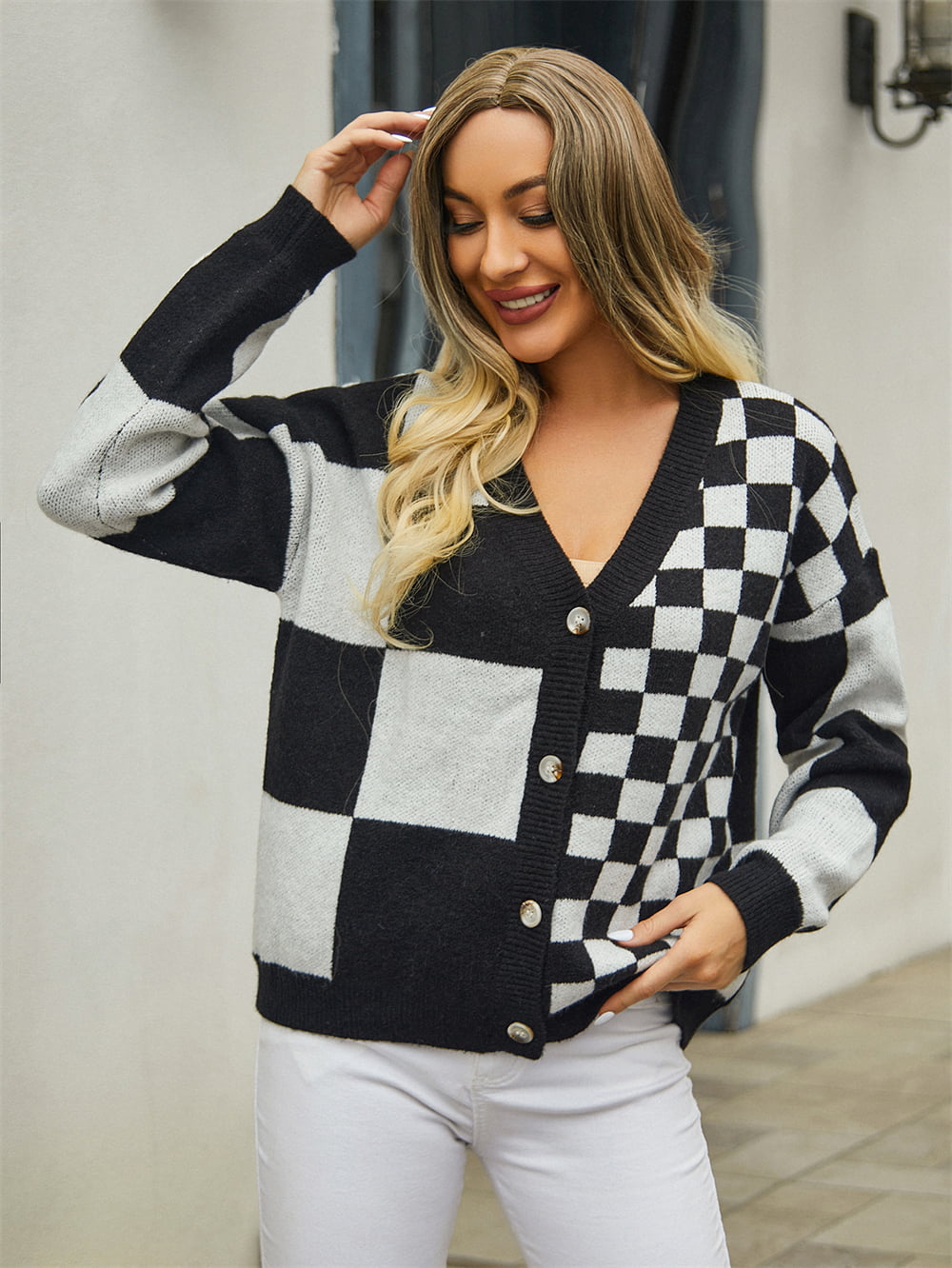 Plaid V-Neck Dropped Shoulder Cardigan - Kristi Pierce Designs