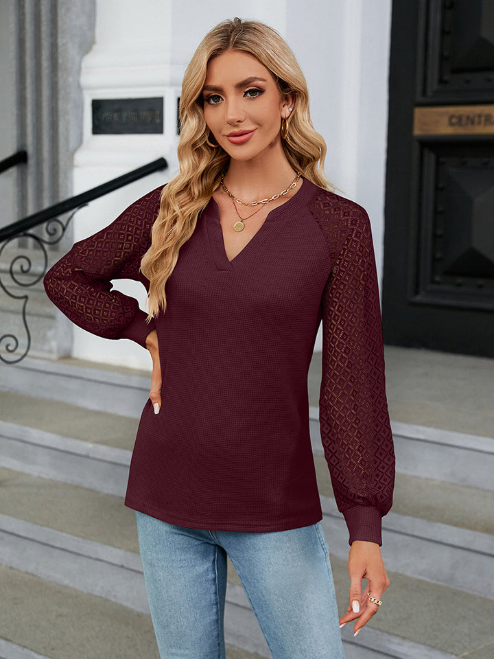Notched Neck Raglan Sleeve Blouse - Kristi Pierce Designs