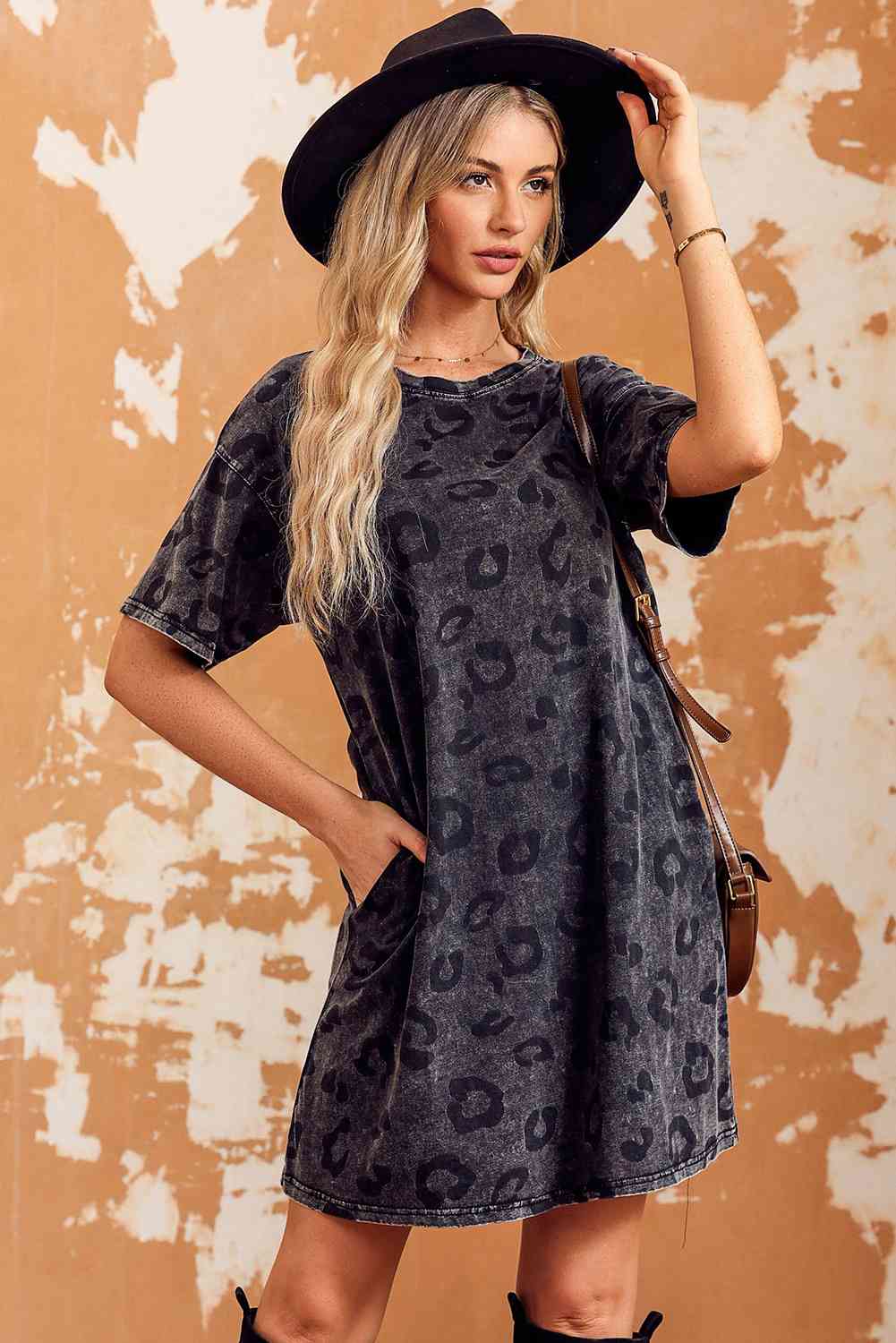 Leopard Round Neck Dropped Shoulder Dress with Pockets - Kristi Pierce Designs