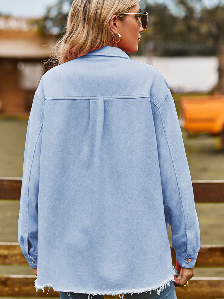 Raw Hem Denim Jacket with Pockets - Kristi Pierce Designs