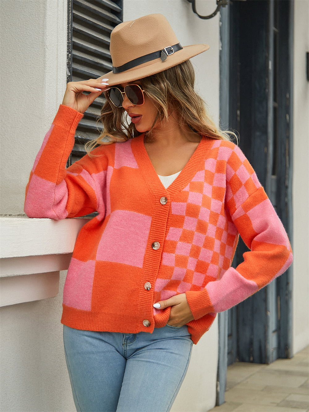 Plaid V-Neck Dropped Shoulder Cardigan - Kristi Pierce Designs