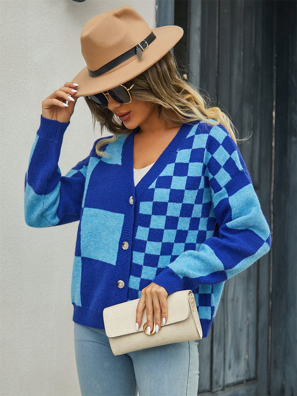 Plaid V-Neck Dropped Shoulder Cardigan - Kristi Pierce Designs