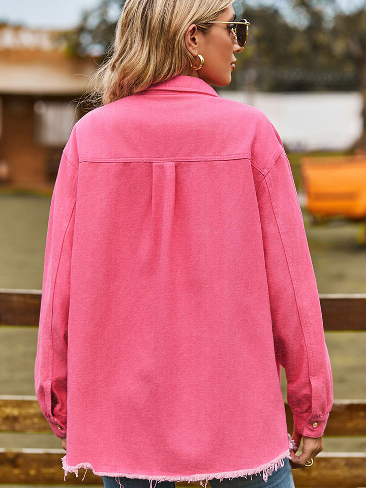 Raw Hem Denim Jacket with Pockets - Kristi Pierce Designs
