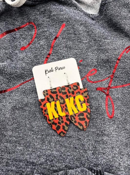 KC Red Cheetah Faux Leather Arrowhead Earrings with Yellow Vinyl KC, Small - Kristi Pierce Designs