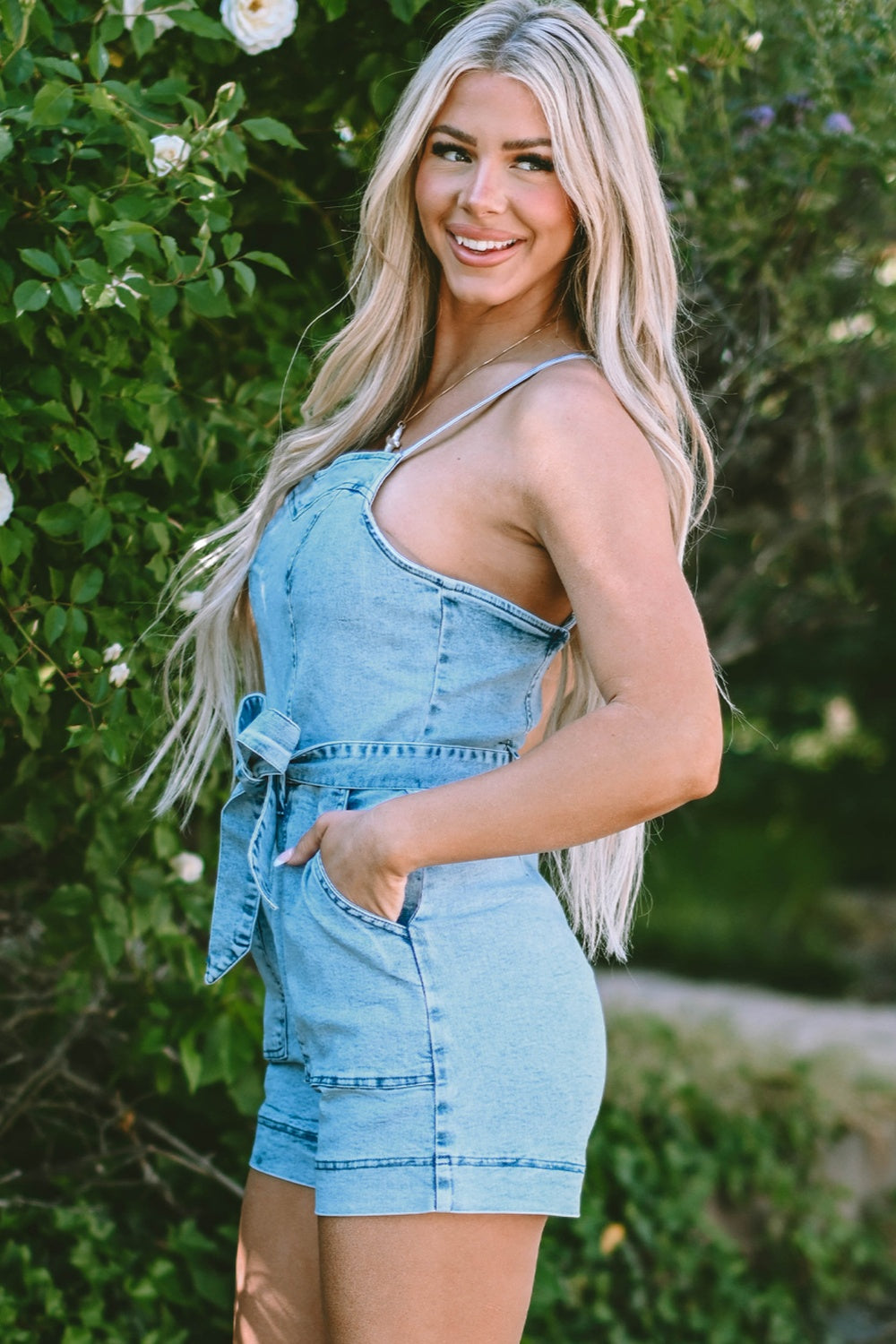 Tied Spaghetti Strap Denim Romper - Kristi Pierce Designs