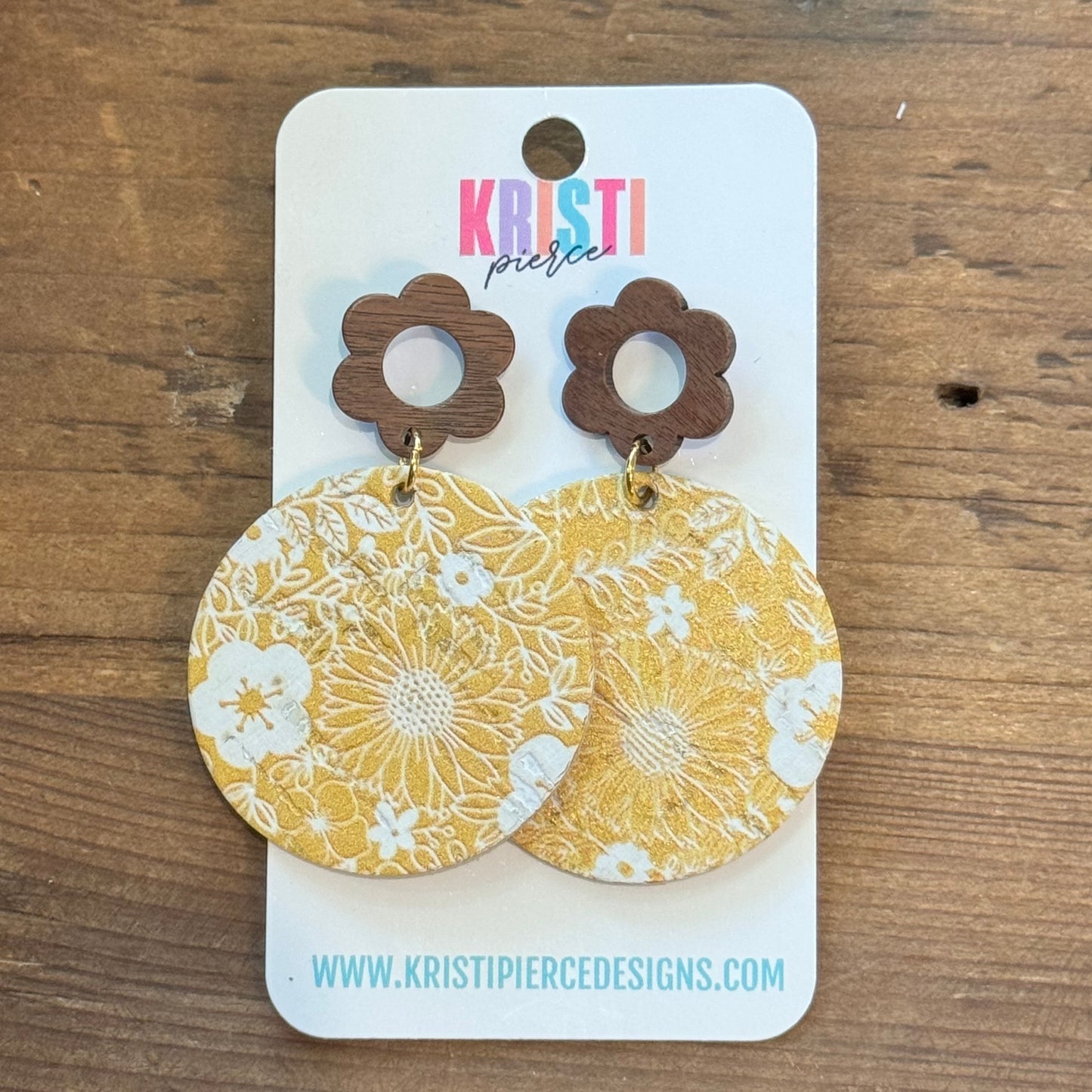 Yellow Floral Leather Circle and Wood Post Earrings