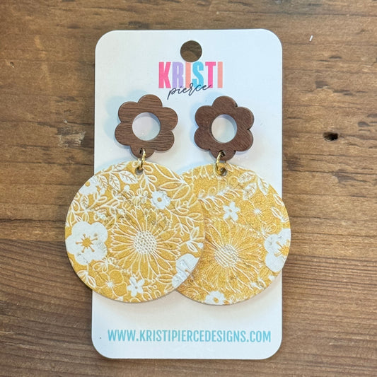 Yellow Floral Leather Circle and Wood Post Earrings