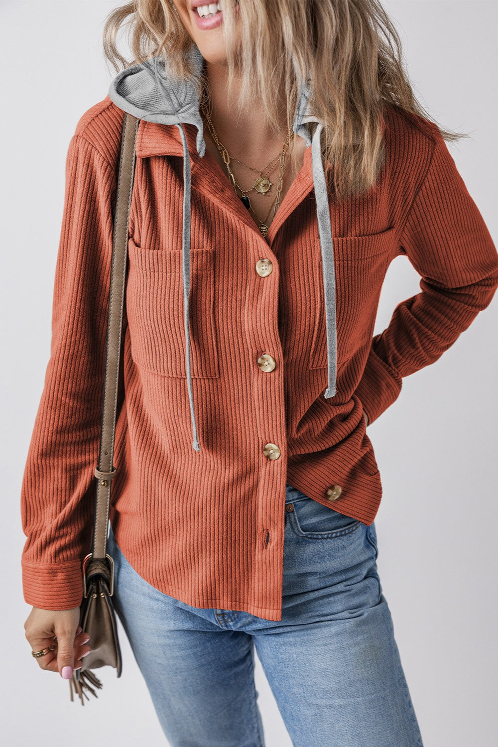 Rust Button Down Hooded Shirt