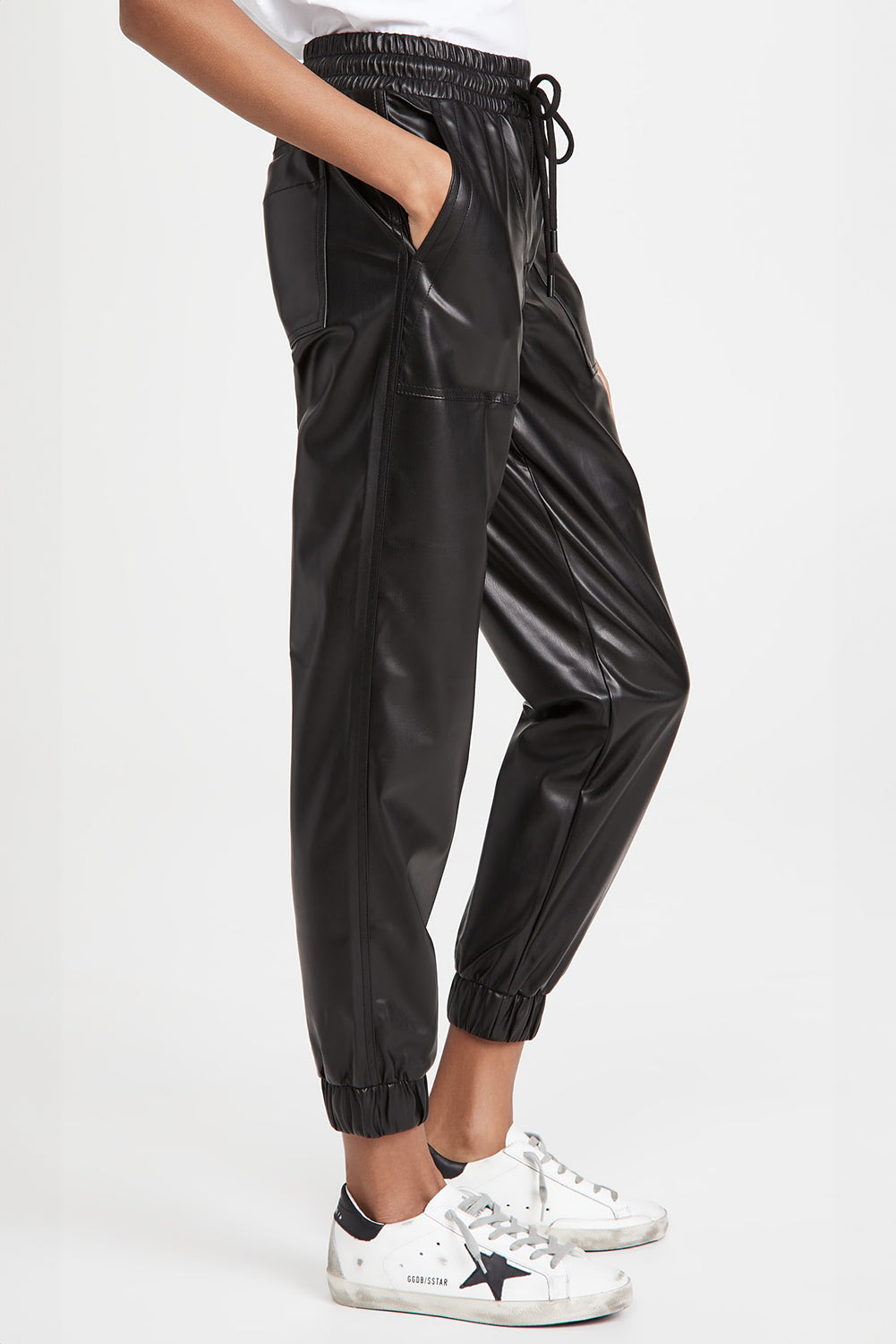 Black Faux Leather Smocked Waist Drawstring Cropped Pants