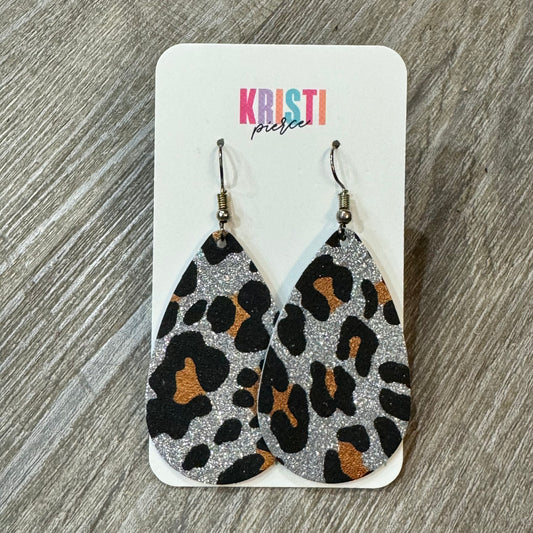 Leopard Print Silver Glitter Teardrop Dangle Earrings