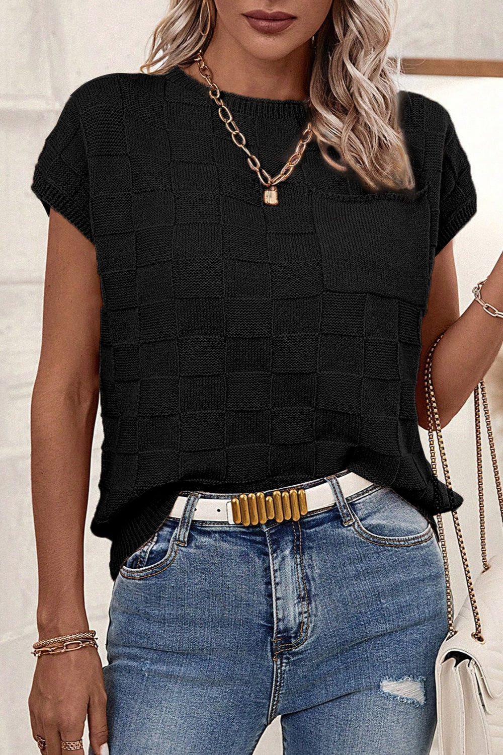 Pocketed Checkered Round Neck Knit Top - Kristi Pierce Designs