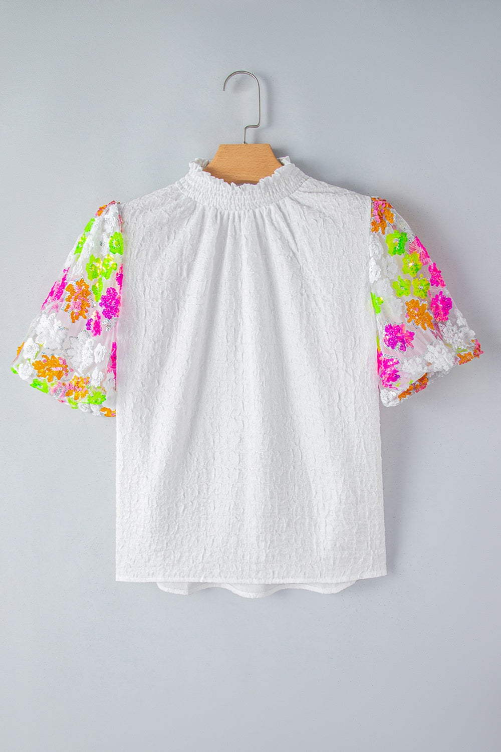 Sequin Flower Mock Neck Half Sleeve Blouse - Kristi Pierce Designs