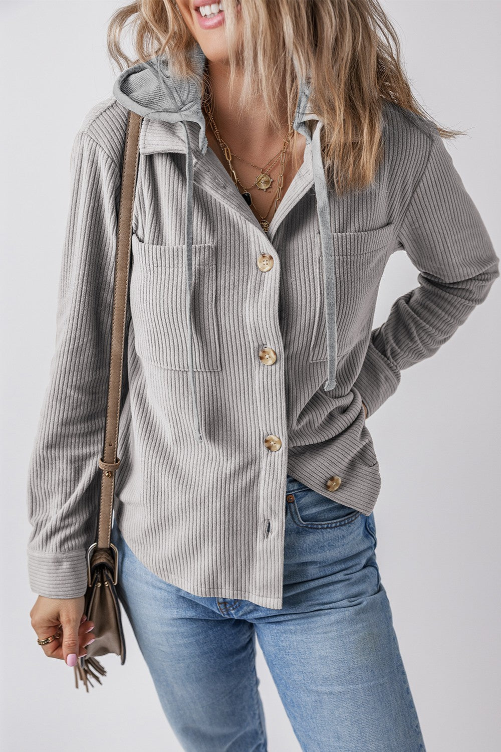 Drawstring Button Up Long Sleeve Hooded Jacket - Kristi Pierce Designs