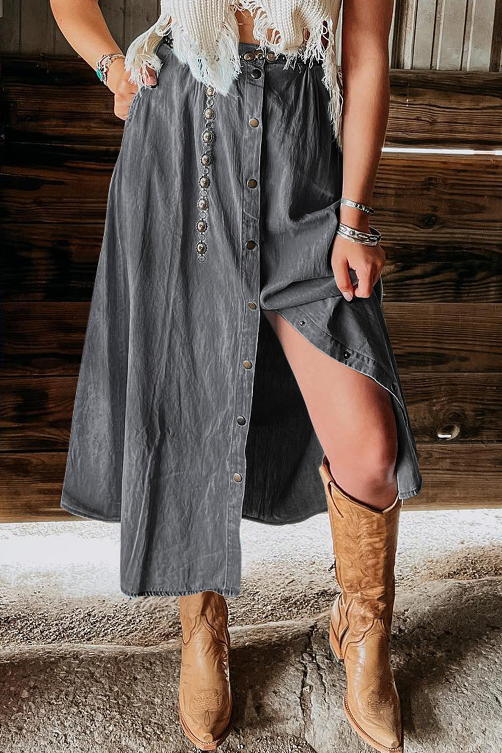 Snap Down High Waist Denim Skirt - Kristi Pierce Designs