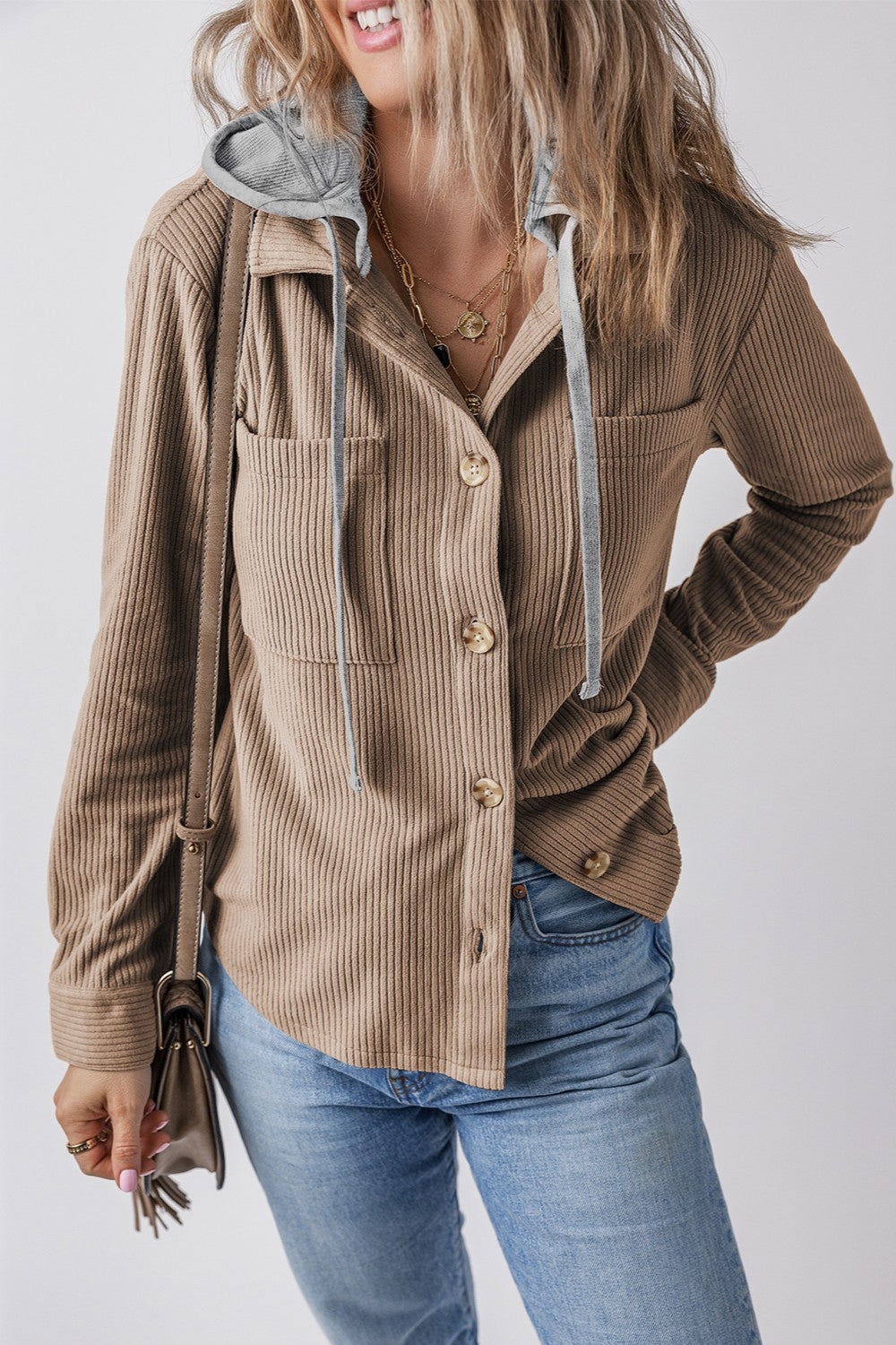 Drawstring Button Up Long Sleeve Hooded Jacket - Kristi Pierce Designs