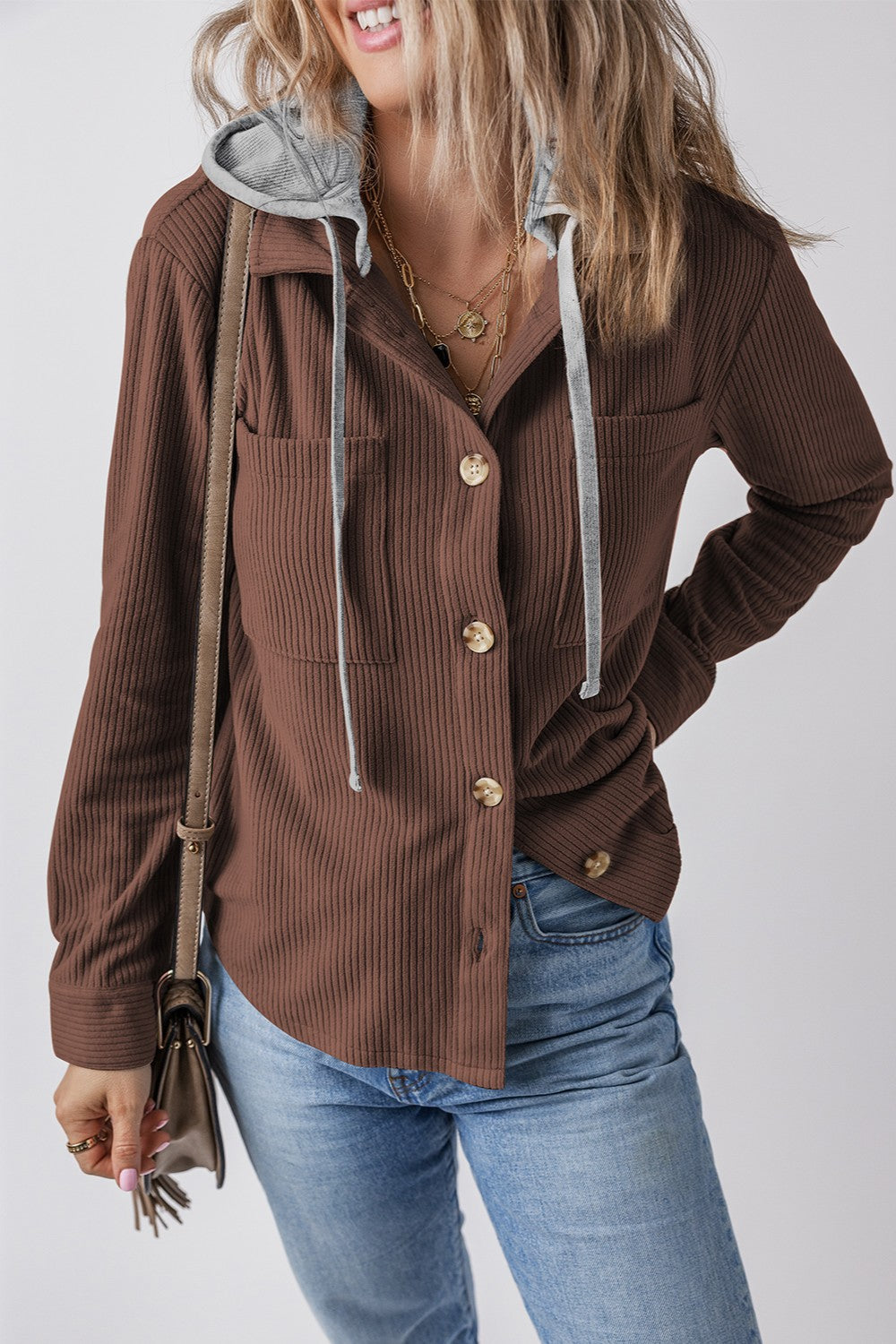 Drawstring Button Up Long Sleeve Hooded Jacket - Kristi Pierce Designs